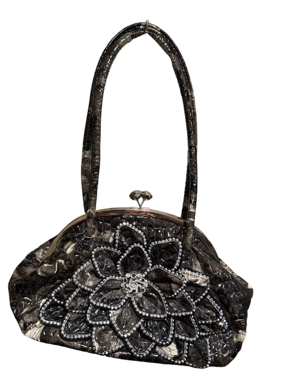 Vinyl  retro snakeskin handbag with  oversized rhinestoned flower and kiss lock
